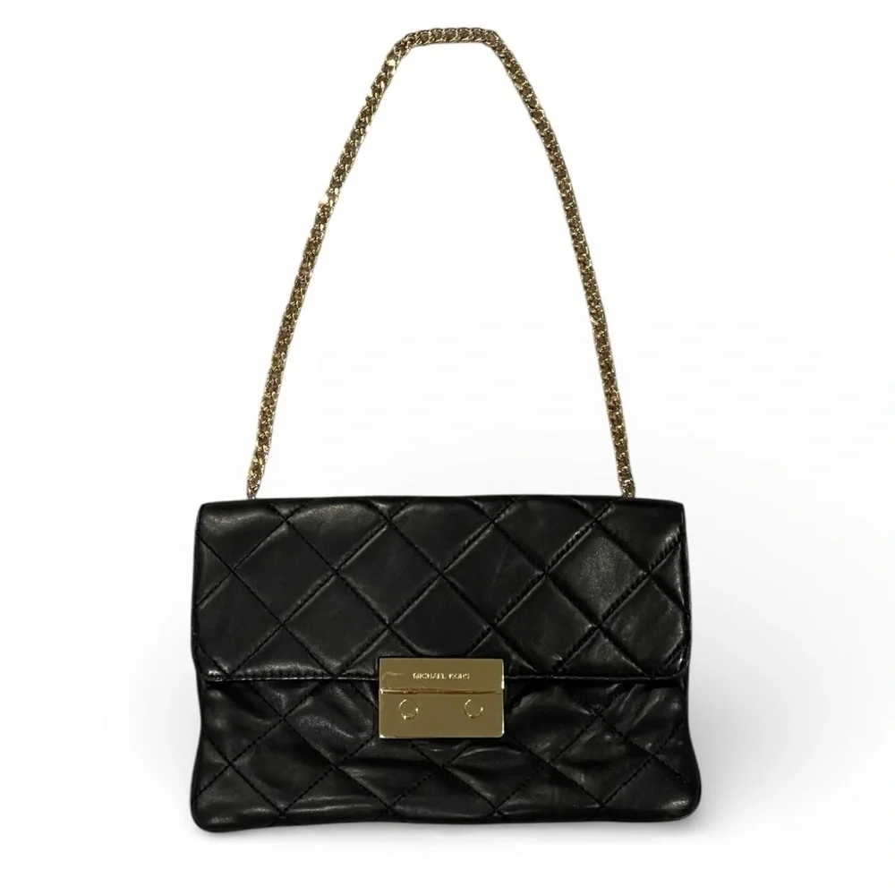 Michael Kors Black Quilted Shoulder Bag with Gold Chain Strap, Small Size 10”x7”